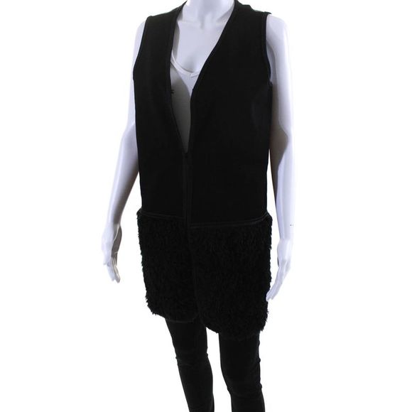 Max Studio Womens Fur Hem Patchwork Sleeveless Open Front Vest Black Size XS - Picture 2 of 6